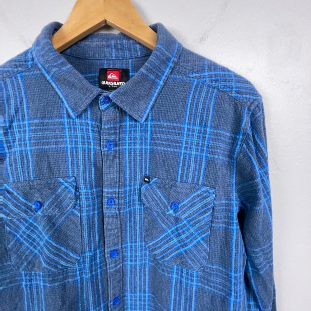 Quiksilver Shirt Men Large Plaid Flannel Button Down Blue 100% Cotton Surf Skate